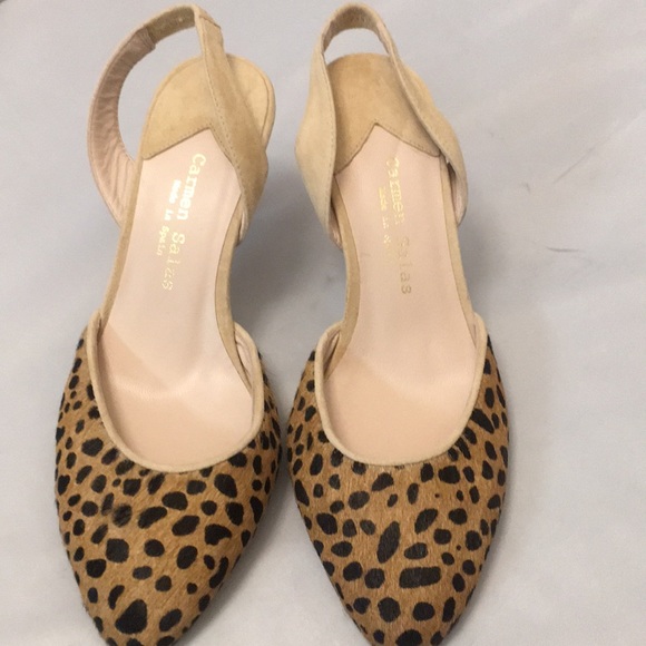 New Carmen Heel Shoes Salas Animal Print Sling-Back Hair Material/Suede Sz 36